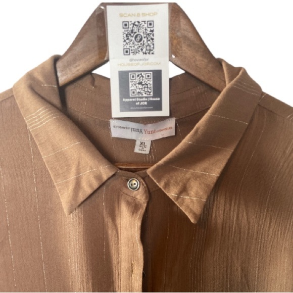 YUNI taupe coral button up shirt silver strip // XL - Picture 2 of 6
